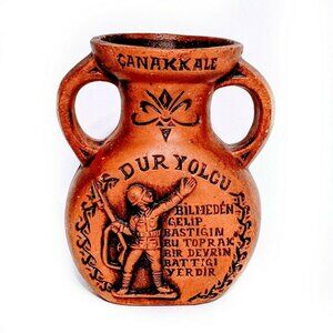 Vintage Turkish Çanakkale Terracotta Vase With Soldier Motif Ottoman WWI Memoria